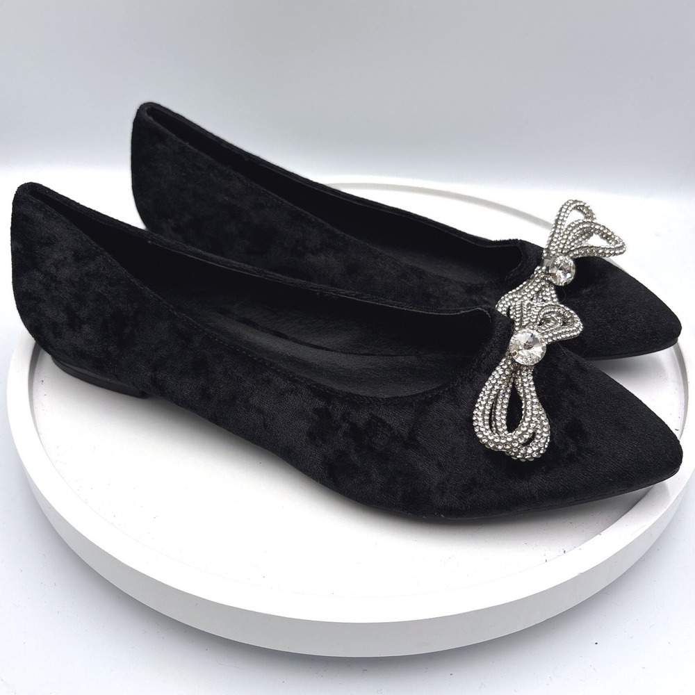 Pointed Toe Flats 8 Black Coquette Rhinestone Sparkly Bow Velvet Witchy Classy